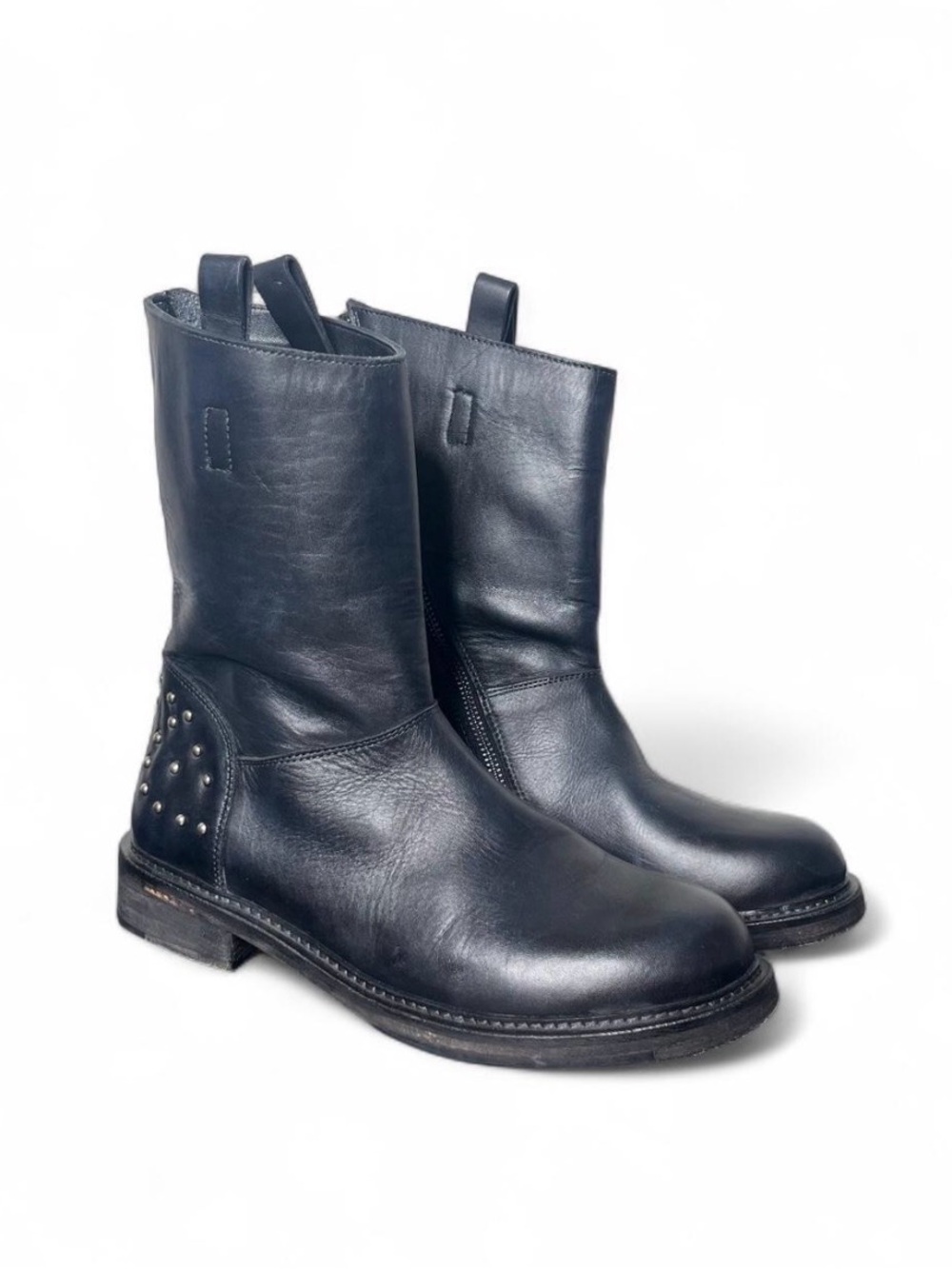 Vintage Foundry Co Stacy Black Leather Studded Mid Calf Boots Moto Biker